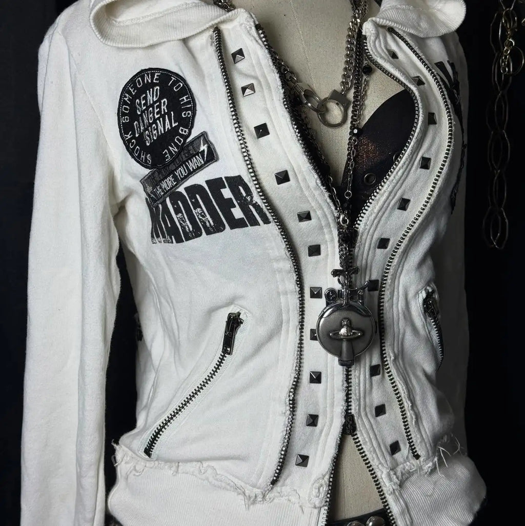 STORESDE Retro Dark Style Zipper Hoodie Y2K Clothes Mens Womens Hip Hop Skull Patch Embroidery White Oversized Sweatshirt Casual Jacket