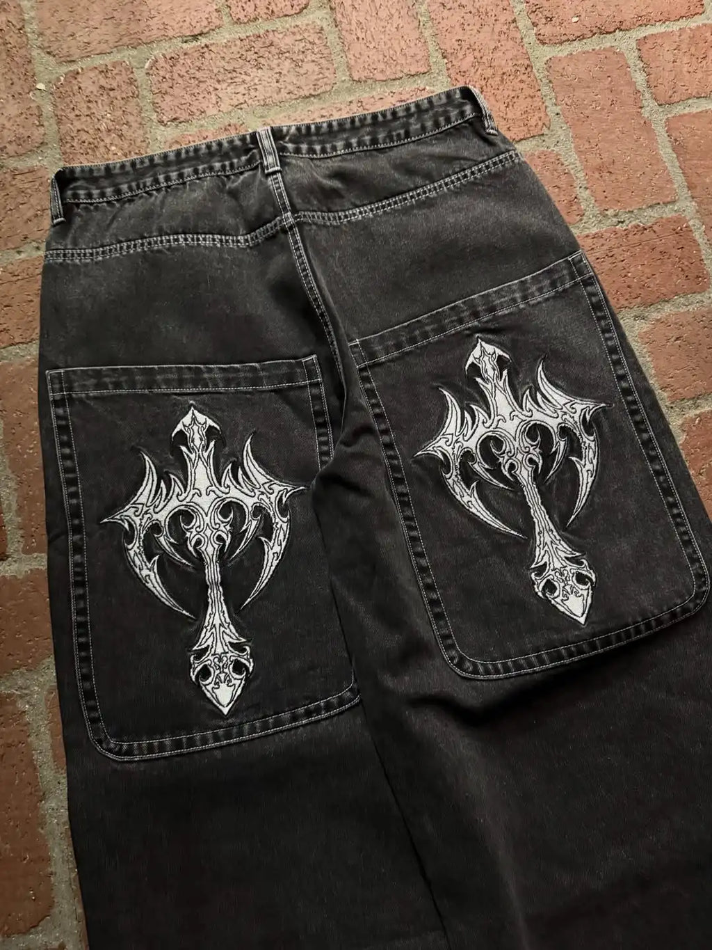 STORESDE Men Gothic Cross Print Black Denim Baggy Pants Mid Waist Big Pocket Design Loose Fit Hip Hop Streetwear Jeans for Daily Casual