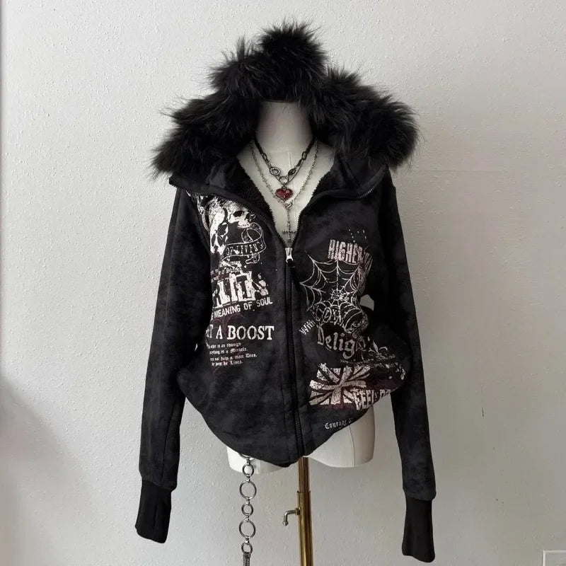 STORESDE American Fashion New Skull Print Hoodie Women Y2K Vintage Rock Hip Hop Gothic Popular Casual Joker Plus Velvet Padded Sweater