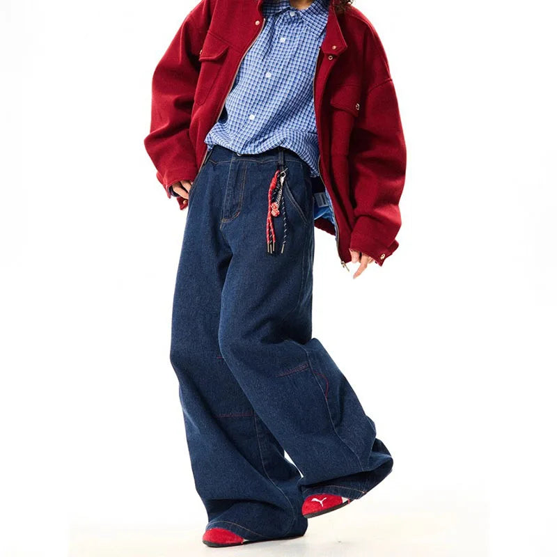 STORESDE New Korean Retro Blue Straight Leg Jeans Casual Loose Wide Leg Pants Fashion Men's Wide Jeans High Quality Pants