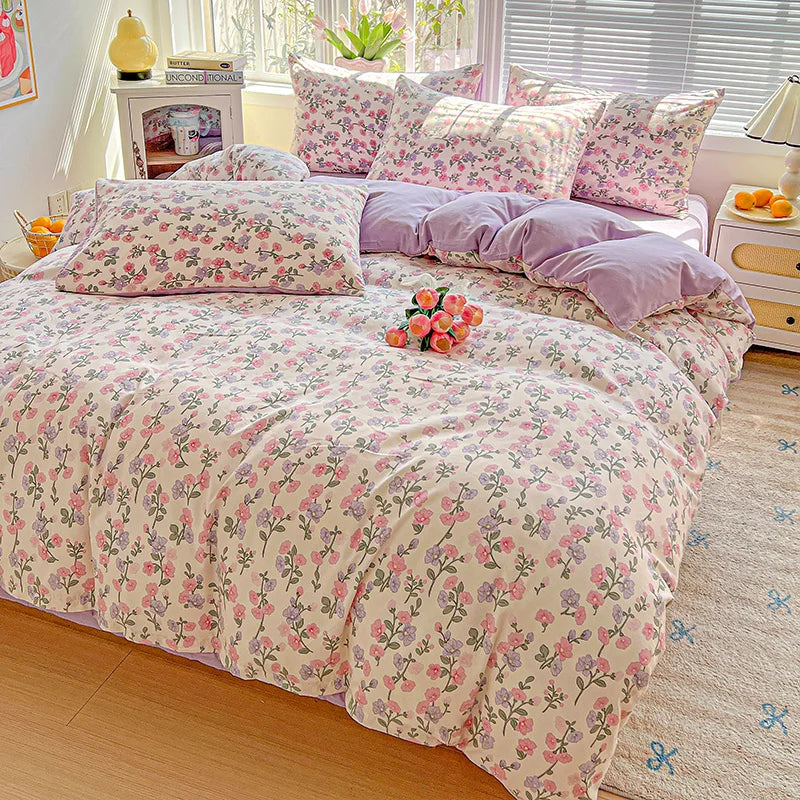 STORESDE American Pastoral Floral Printed Bedding Set Soft Skin-Friendly Double King Size Duvet Cover Set with Flat Sheet and Pillowcases