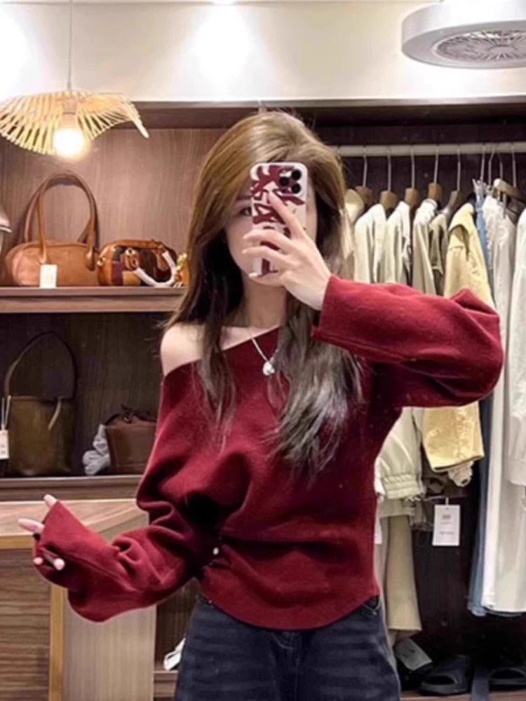 STORESDE Korean Vintage Off Shoulder Solid Sweaters Women Grunge Casual Streetwear Knitted Pullovers Loose Y2k Aesthetic Jumpers Females