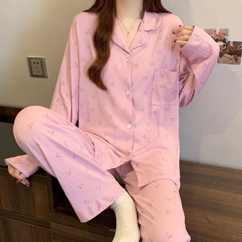 STORESDE Pink Bow Tie Design Pajamas for Women Long Sleeve Top & Elastic Waist Pants Pajamas Set Harajuku Style Casual New Home Wear
