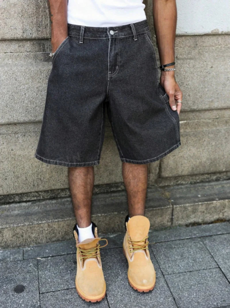 STORESDE Men's Summer Black-Grey Loose Baggy Denim Shorts