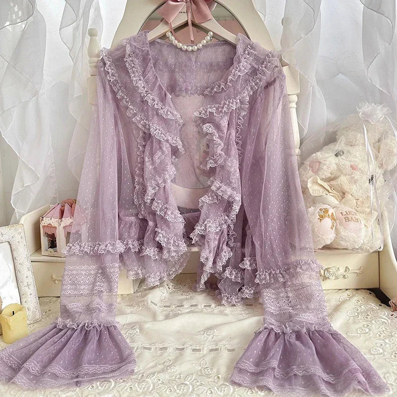 STORESDE Lolita Sweet Women Shirts Lace Mesh Harajuku Blouse Y2K Aesthetic Long Sleeve Preppy Style Female Cardigan Japanese Ruffles Tops