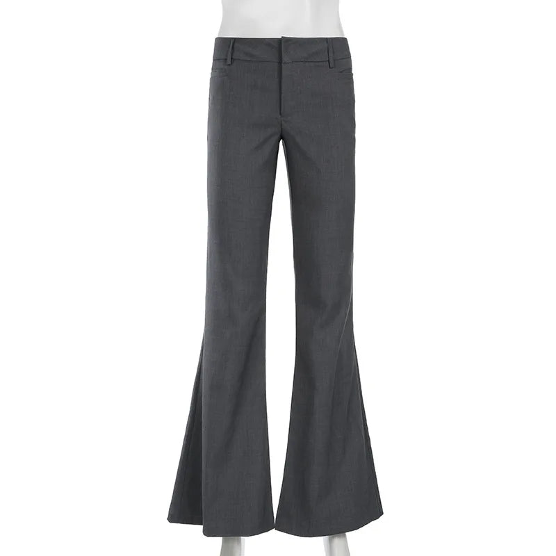 STORESDE Lucyever Grey Low Waisted Flared Pants Female Y2K High Street Retro Wide Leg Trousers Fashion Slim Pocket Office Lady Suit Pants