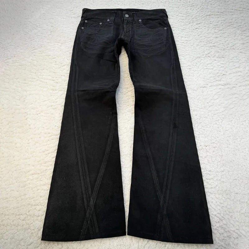 STORESDE vintage X ray waxing tribal embroidery men's flared jeans Gothic high street unisex punk slim fit jeans Y2K baggy flared jeans