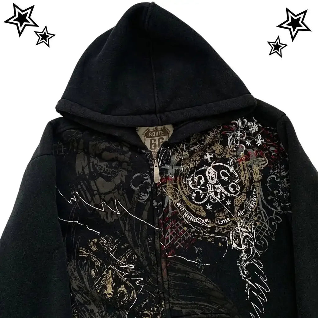 STORESDE Gothic Oversized Pattern Exquisite Printed Hoodie Y2K Couple Fashion Sports Zipper Street Multifunctional Hoodie