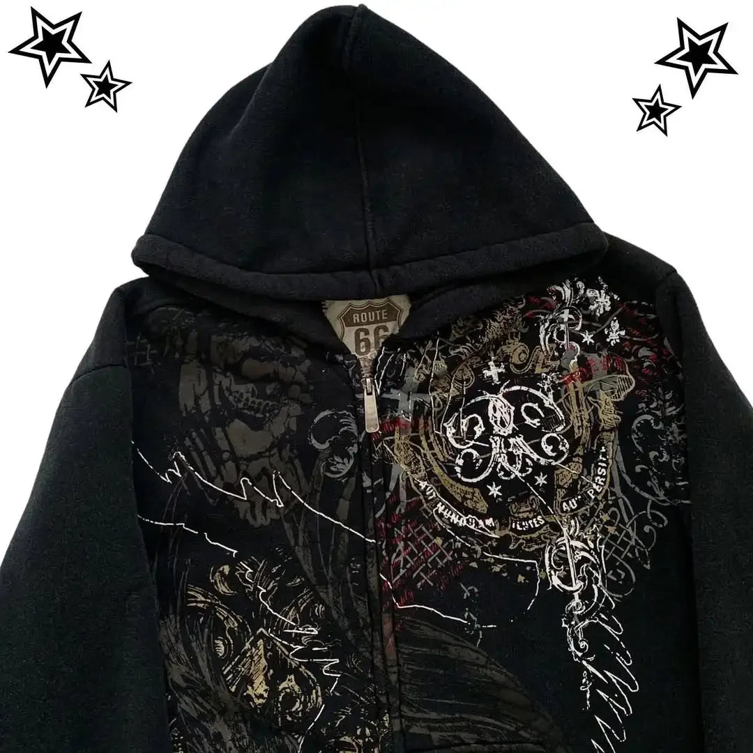 STORESDE Gothic Oversized Pattern Exquisite Printed Hoodie Y2K Couple Fashion Sports Zipper Street Multifunctional Hoodie