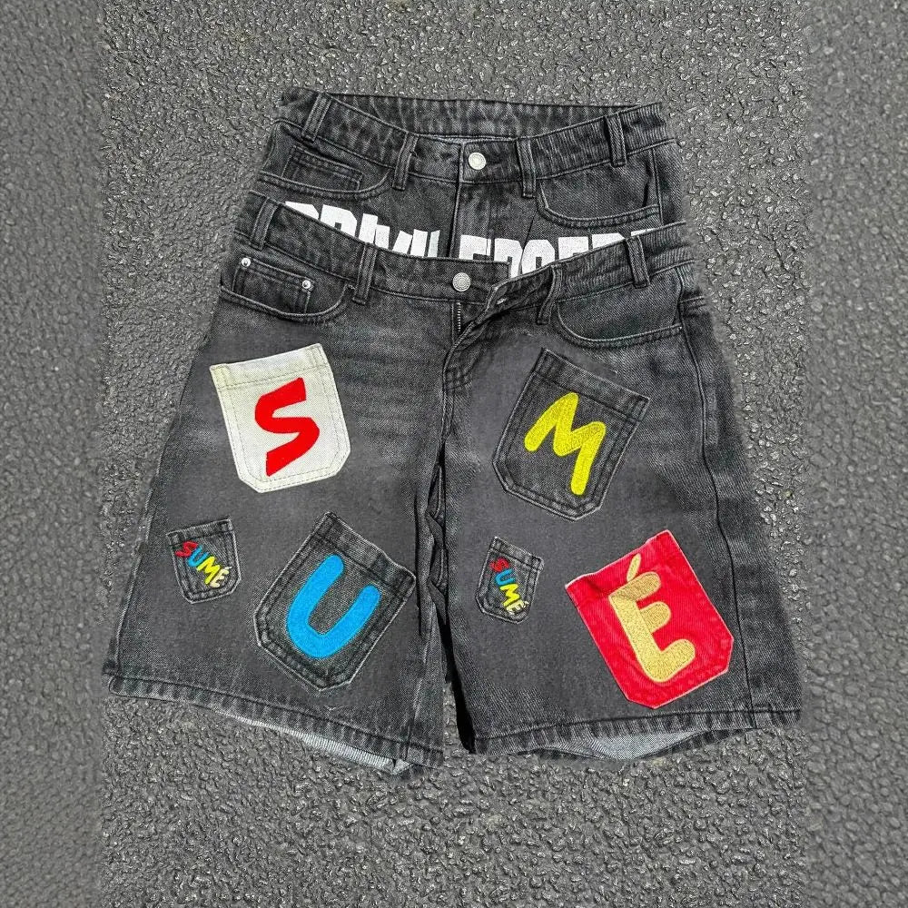 STORESDE American style hip-hop letter splicing denim shorts millennium retro personality fashion fake two-piece gothic rock