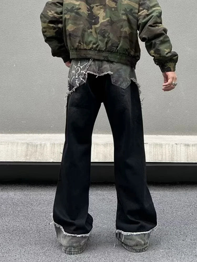 STORESDE 2025 Punk Y2K Style Camouflage Patchwork Graffiti Baggy Ripped Jeans Pants For Men Clothes Straight Long Trousers Pantalon Homme