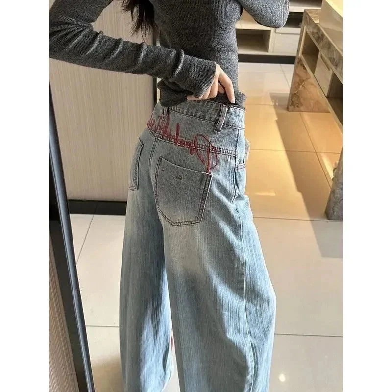STORESDE Y2k Light Blue Baggy Jeans Women Red Stitch Embroidery High Waist Wide Leg Denim Pants Streetwear Casual Y2K Grunge Trousers New