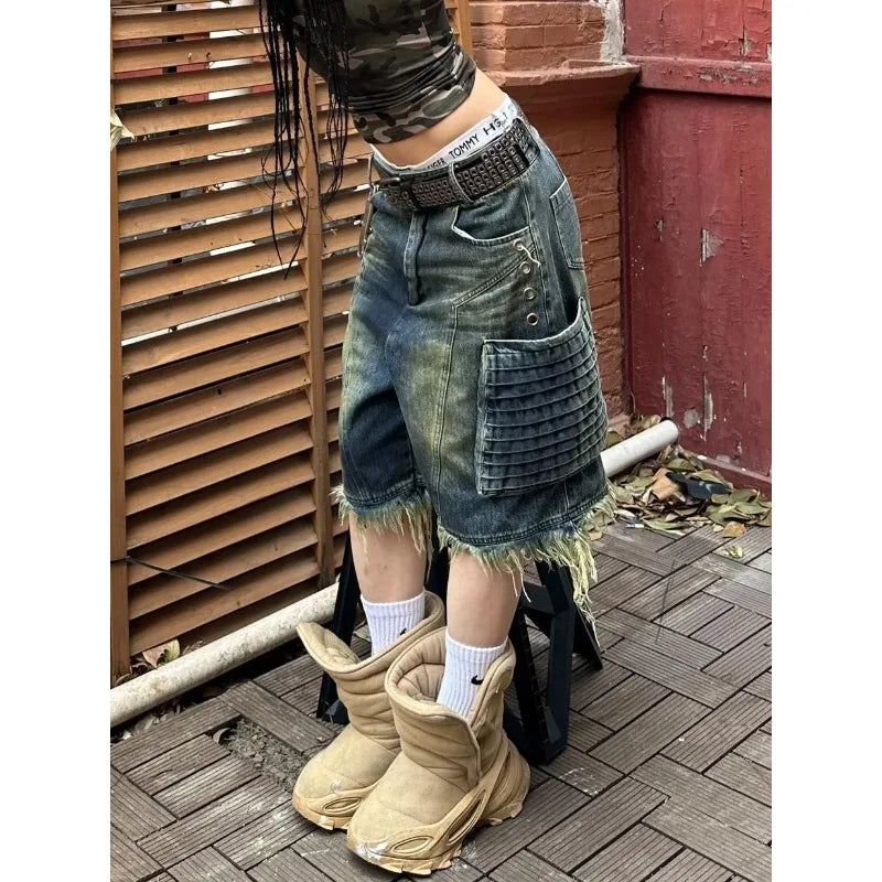 STORESDE Trendy American Retro Oversized Big Pocket Workwear Cropped Pants for Women High Street Straight Tube Loose Wide Leg Short Jeans