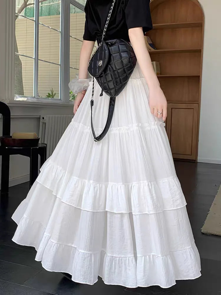 STORESDE White Tiered Ruffle Hem Skirt 2025 - High Waist Flowy A-Line Maxi Skirt, Summer Chiffon Layered Skirt with Pleats