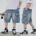 STORESDE Boys' Workwear Denim Shorts Summer 2026 New Teenage Children's Pocket Design Outdoor Wear Loose Jeans Big Kids Mid-Pants