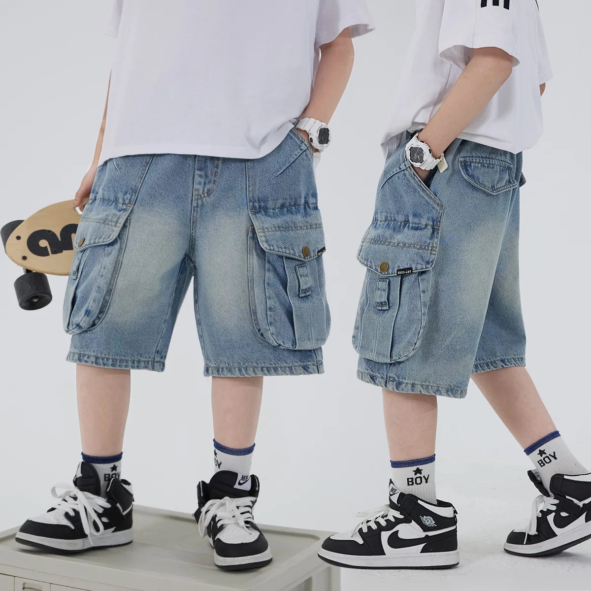 STORESDE Boys' Workwear Denim Shorts Summer 2026 New Teenage Children's Pocket Design Outdoor Wear Loose Jeans Big Kids Mid-Pants