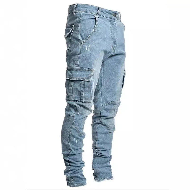STORESDE Men Street Elastic Denim Jeans Wash Solid Color Multi Pockets Cargo Pants Casual Slim Fit Daily Wear Joggers Mid Waist Trousers