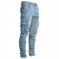 STORESDE Men Street Elastic Denim Jeans Wash Solid Color Multi Pockets Cargo Pants Casual Slim Fit Daily Wear Joggers Mid Waist Trousers