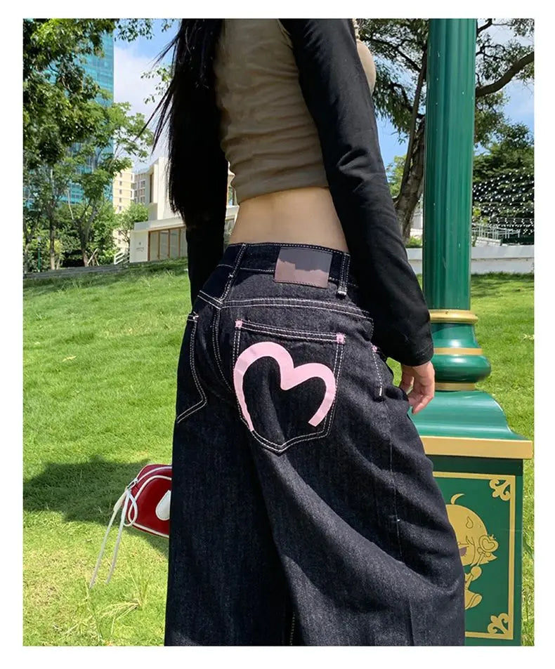 STORESDE Women's Pink Heart Print Denim Straight Leg Jeans Loose Casual Floor-Length Long Pants Ladies Loose Fit Original Style