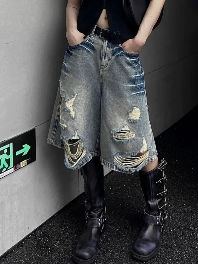 STORESDE American Street Washed Blue Denim Shorts Y2k E-Girl High Waist Loose Wide Leg Jeans 2026 New Hole Straight Knee-Length Pants