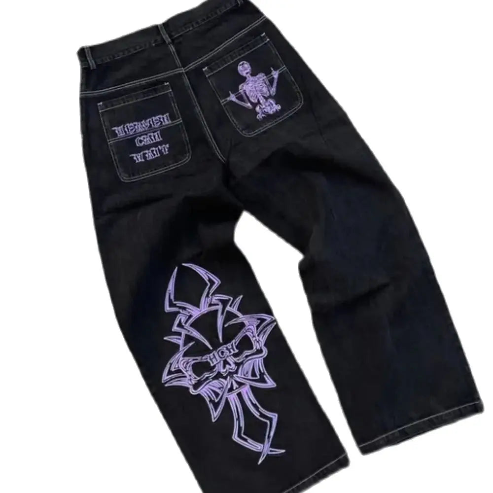 STORESDE Retro Skull Embroidery Y2K Jeans Mens Hip Hop Washed Baggy Denim Pants New Straight Casual Loose Wide Leg Trouser Streetwear
