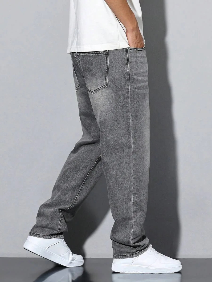 STORESDE Men's straight skinny grey jeans, straight and simple design, suitable for daily wear in all seasons