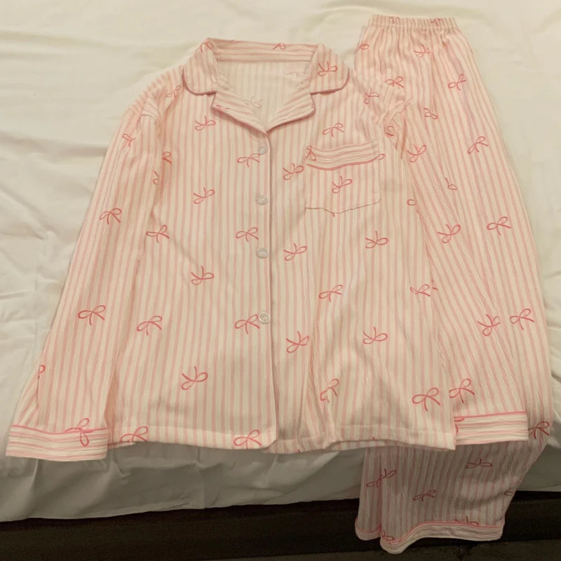 STORESDE Pink Bow Tie Design Pajamas for Women Long Sleeve Top & Elastic Waist Pants Pajamas Set Harajuku Style Casual New Home Wear