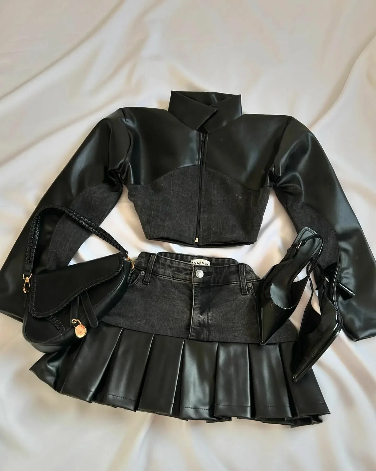 STORESDE Y2K Black Leather Spliced Denim Two Piece Set Women Harajuku Zipper Long Sleeved Jacket New Sexy Pleated Skirt Motorcycle Suit
