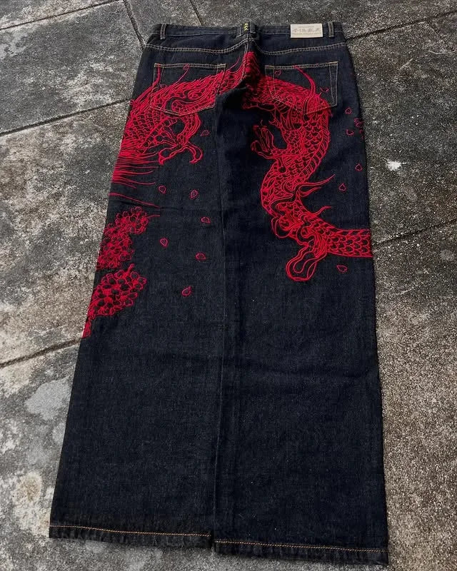 STORESDE Japanese Dragon Knitted Jeans Men Women Baggy Fit High Street Urban Casual Trendy Fashion Hip Hop Streetwear Daily Wear Style