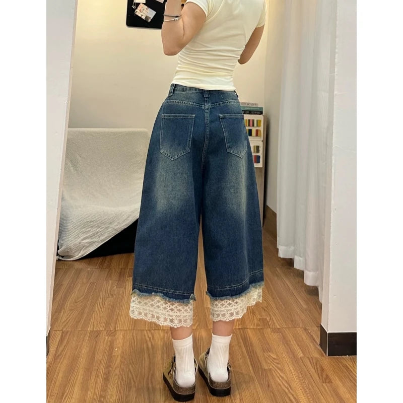 STORESDE American Retro Lace Denim Shorts Women Summer New Fashion Washed Splice Seven-Quarter Wide Leg Jeans Trendy Mid-Length Pants
