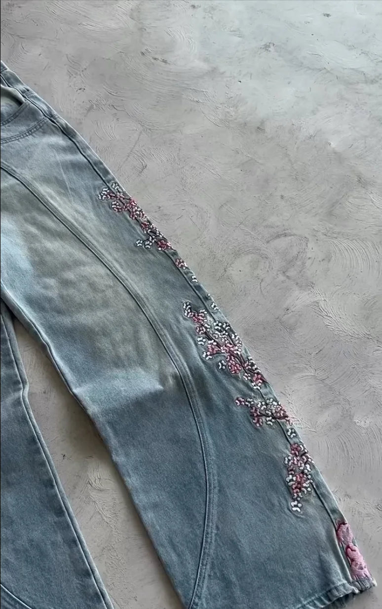 STORESDE Men Women Cherry Blossom Knight All Embroidery Denim Pants Y2k Vintage Baggy Street Straight Jeans High Waisted Washed Blue Jean