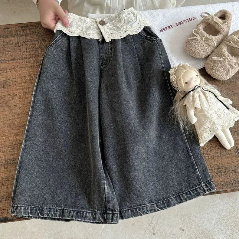 STORESDE UNITIM 2-8Yrs Kids Girls Jeans Loose Lace Patchwork Children Girls Straight Pants Casual Trendy Infant Babys Girls Denim Pants
