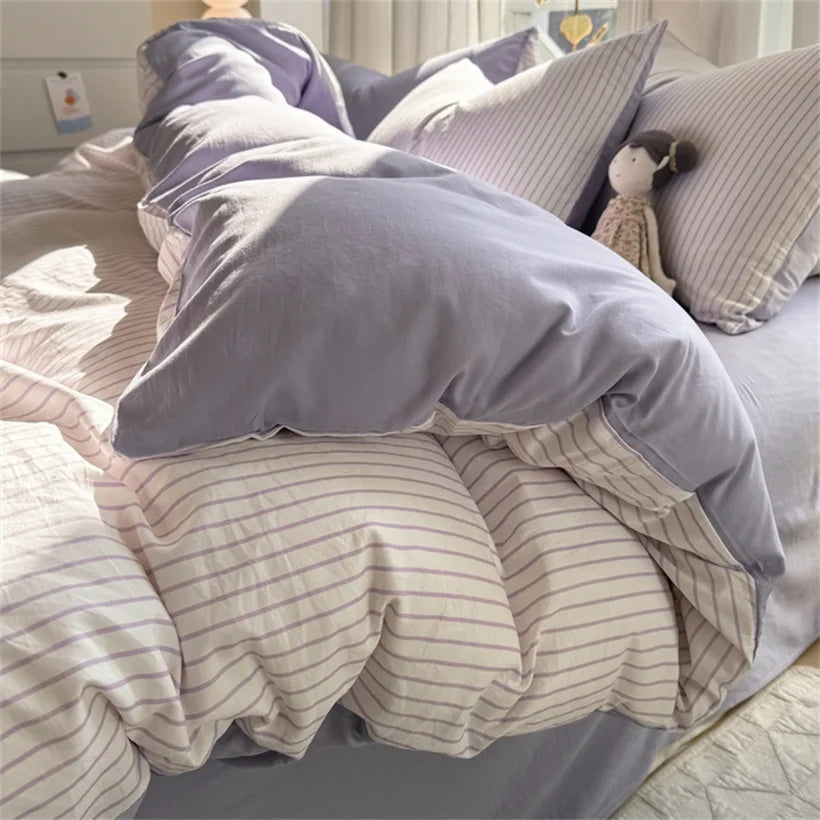 STORESDE Ins Stripes 100% Washed Cotton Bedding Set with Pillowcase Bed Sheet Quilt Cover Single Double King Queen Size Duvet Cover Set