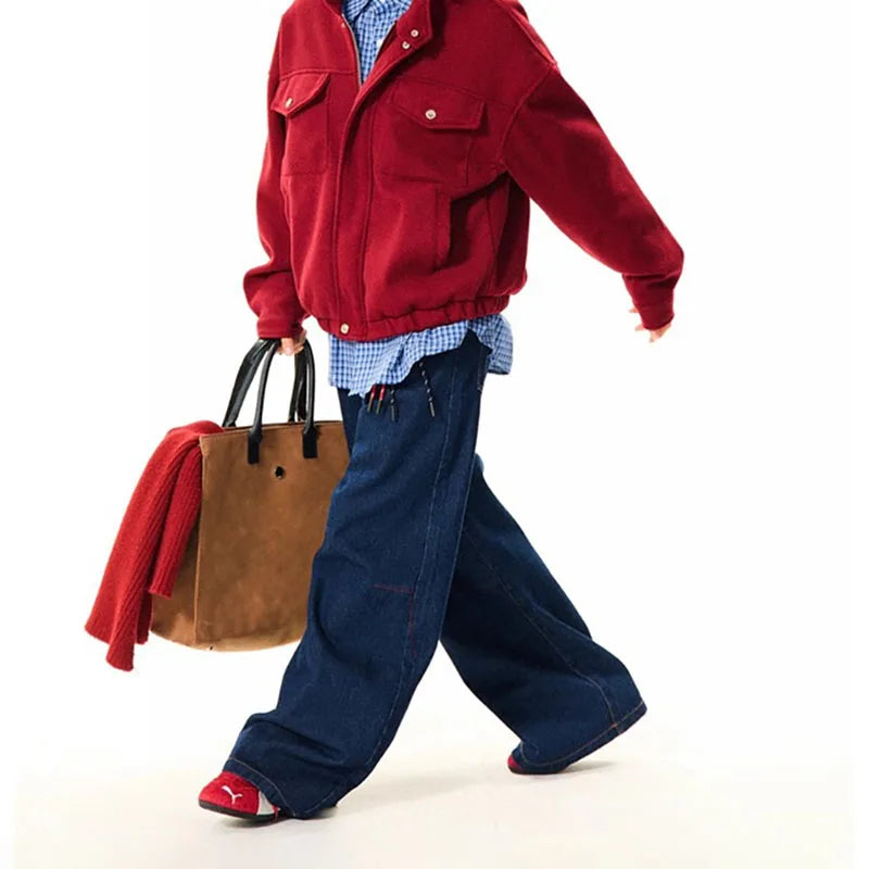 STORESDE New Korean Retro Blue Straight Leg Jeans Casual Loose Wide Leg Pants Fashion Men's Wide Jeans High Quality Pants