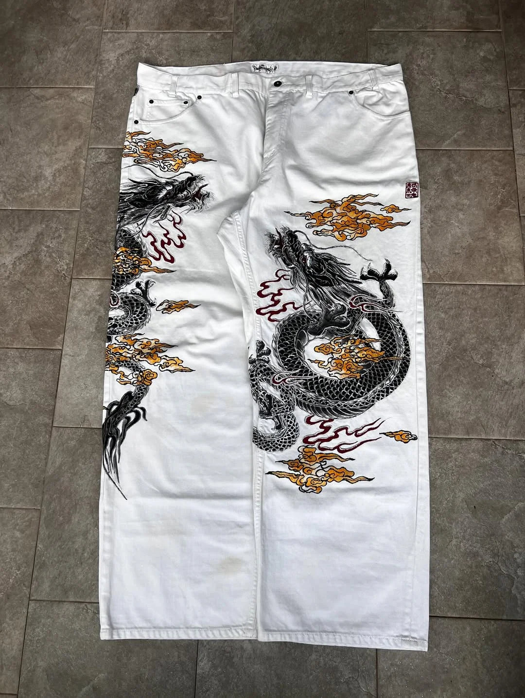 STORESDE New White Jeans Y2K Dragon Pattern Mens American High Street Retro Korean Straight Pants Harajuku Hip-Hop Couple Wide Pants