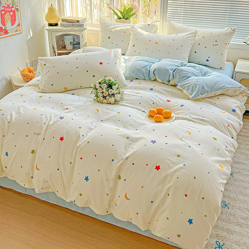 STORESDE American Pastoral Floral Printed Bedding Set Soft Skin-Friendly Double King Size Duvet Cover Set with Flat Sheet and Pillowcases