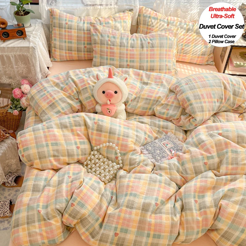 STORESDE Plaid Duvet Cover Set with 2 Pillowcases, Breathable Ultra-Soft Bedding Set for Single/Couple Size Bed, Comforter Cover Set