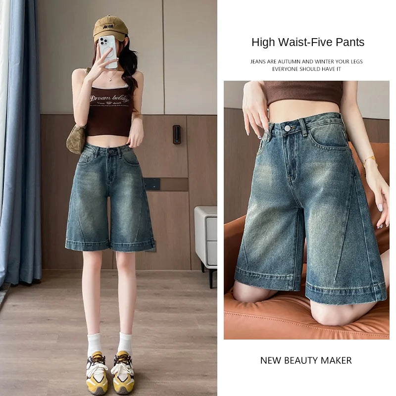 STORESDE Shorts Female Jeans Summer Wide Leg Loose Fit High Waist Denim Shorts Women's Denim Five Points Mid Length Trousers