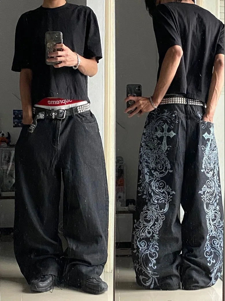 STORESDE SAtreetwear y2k high quality printing black baggy jeans harajuku trend men women hip hop fashion casual couple Wide-leg pantsY2K