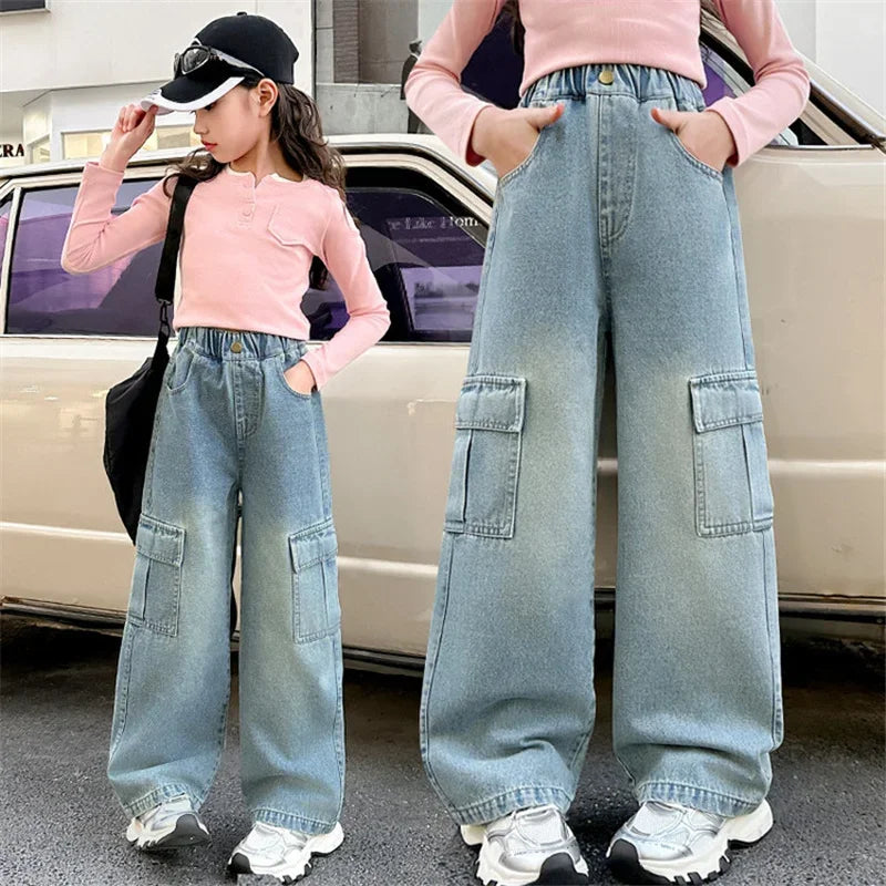 STORESDE Girls Cargo Jeans Kids Wide-legged Denim Pants Teenagers Fashion Streetwear Loose Trousers Children Casual Clothes 5-12Y