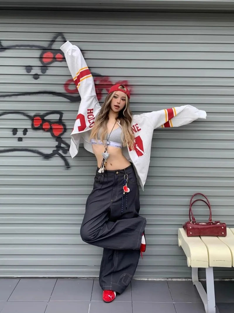 STORESDE American New Fashion Letter Embroidery Stitching Old Baggy Jeans Women Y2K Harajuku  Popular High Waist Wide Leg Trousers