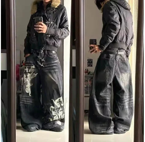 STORESDE New Retro Blue Gothic Fashion Washed Old Casual Jeans Men Y2K Streetwear Vintage Popular High Waist Baggy Wide-leg Pants