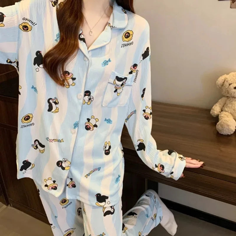 STORESDE Cartoon Cute Penguins Print Women's Pajamas Fashion Blue White Striped Milk Silk Homewear 2025 Spring Fall New Casual Sleepwear