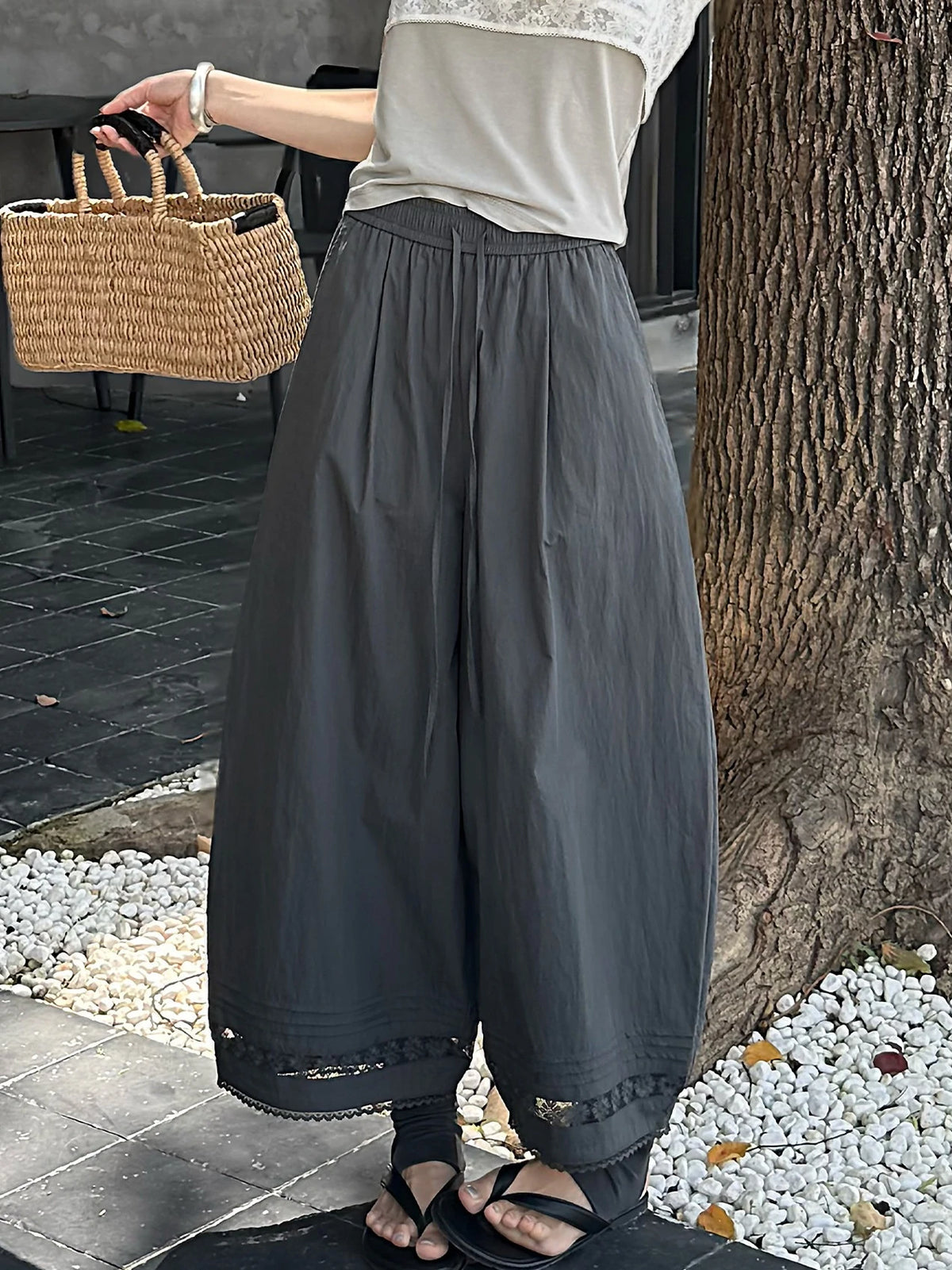 STORESDE Summer Women's Bloomers Korean Lace Thin Drawstring Splicing Wide-leg Pants Casual Loose Solid Ankle Length Baggy Pants Women