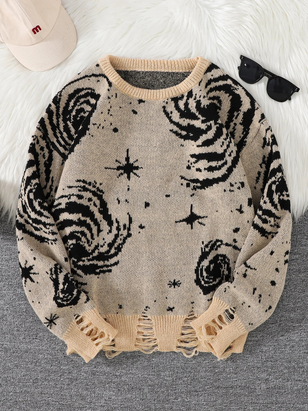 STORESDE New Trendy Street Style Ripped Abstract Starry Sky Pattern Pullover Ripped Sweater Casual Crew Neck Knitted Men's Pullover