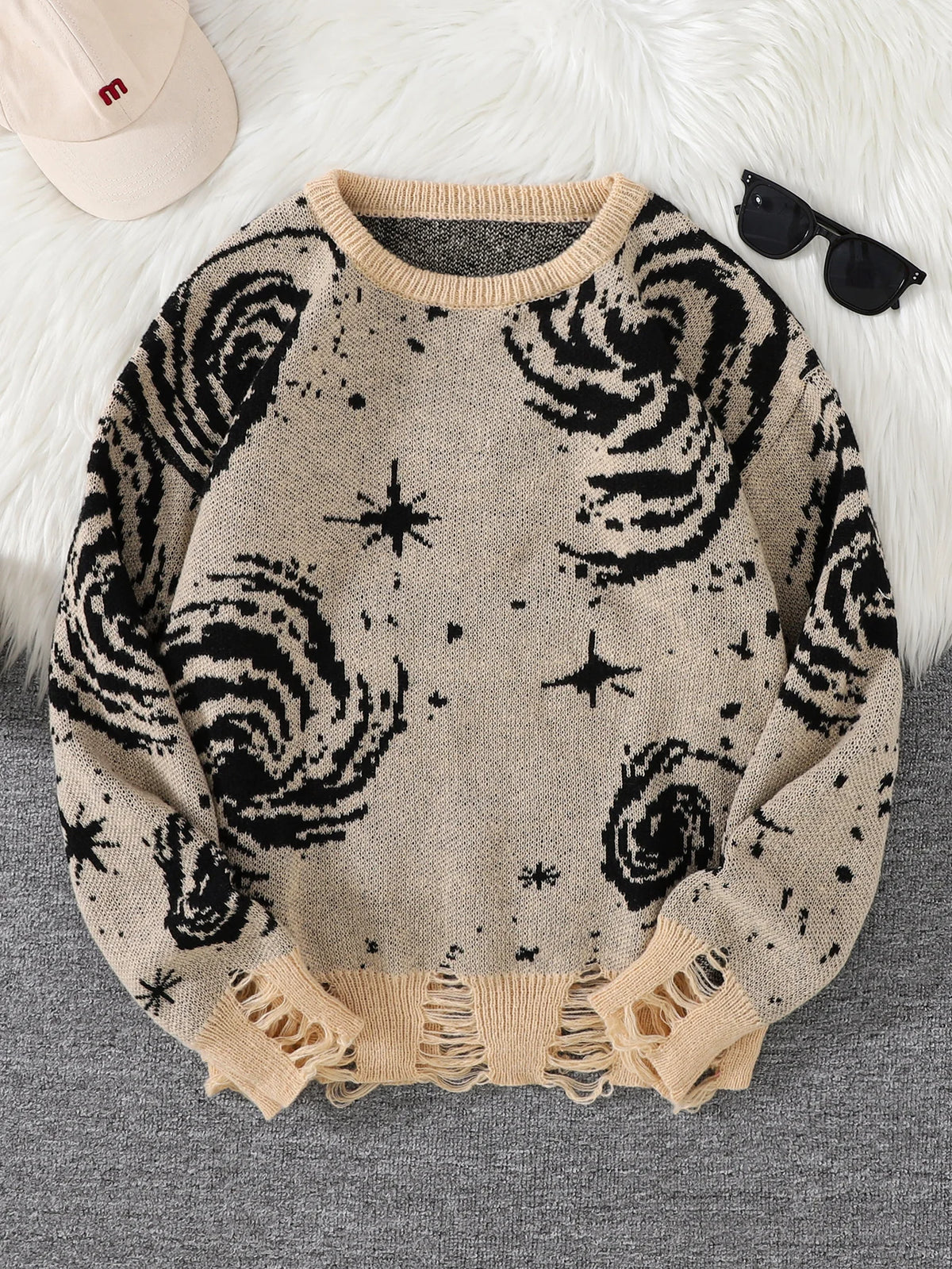 STORESDE New Trendy Street Style Ripped Abstract Starry Sky Pattern Pullover Ripped Sweater Casual Crew Neck Knitted Men's Pullover