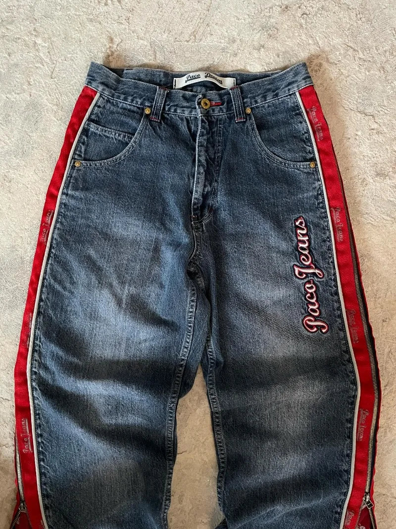 STORESDE Y2K Vintage Baggy Jeans Men Streetwear Red Side Zip Striped Denim Pants Hip Hop Embroidered Wide Leg Trouse