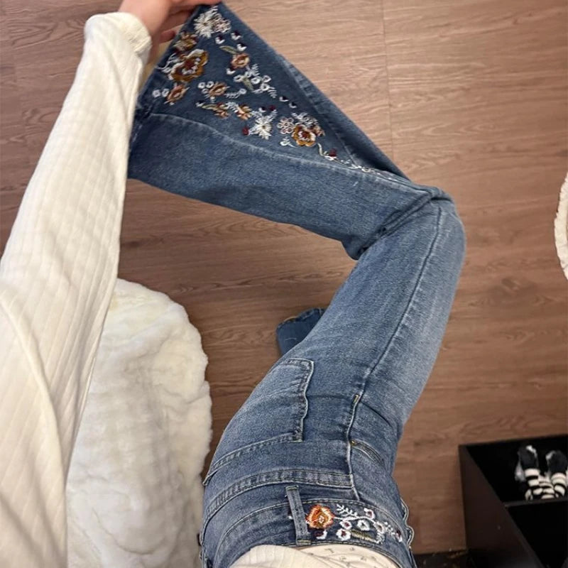 STORESDE American Large Size Heavy Industry Flower Embroidery Pattern Women Flared Jeans Mid-Rise Slim Retro Harajuku Floor-Mopping Pants