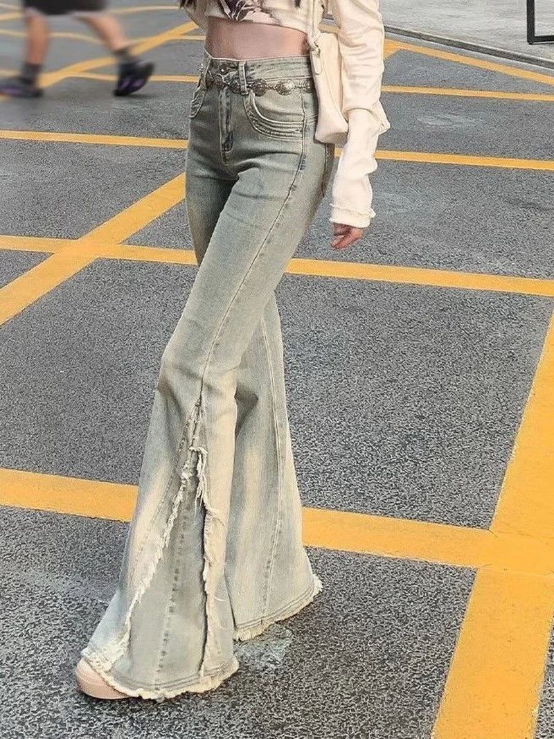 STORESDE Women Vintage Blue Jeans High Waist American Retro 90s Raw Material Edge Design Y2k Denim Pants Streetwear Wide Leg Jeans