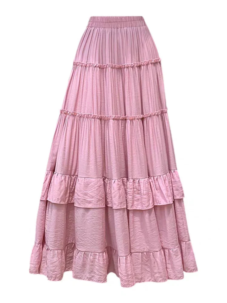 STORESDE White Tiered Ruffle Hem Skirt 2025 - High Waist Flowy A-Line Maxi Skirt, Summer Chiffon Layered Skirt with Pleats